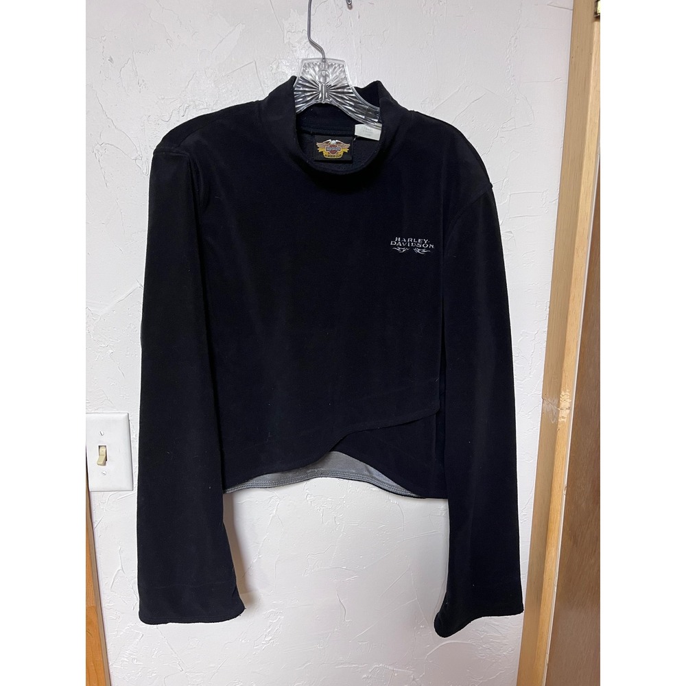Harley‎ Davidson Black Velour Mock Neck Cropped Long Sleeve Top XL